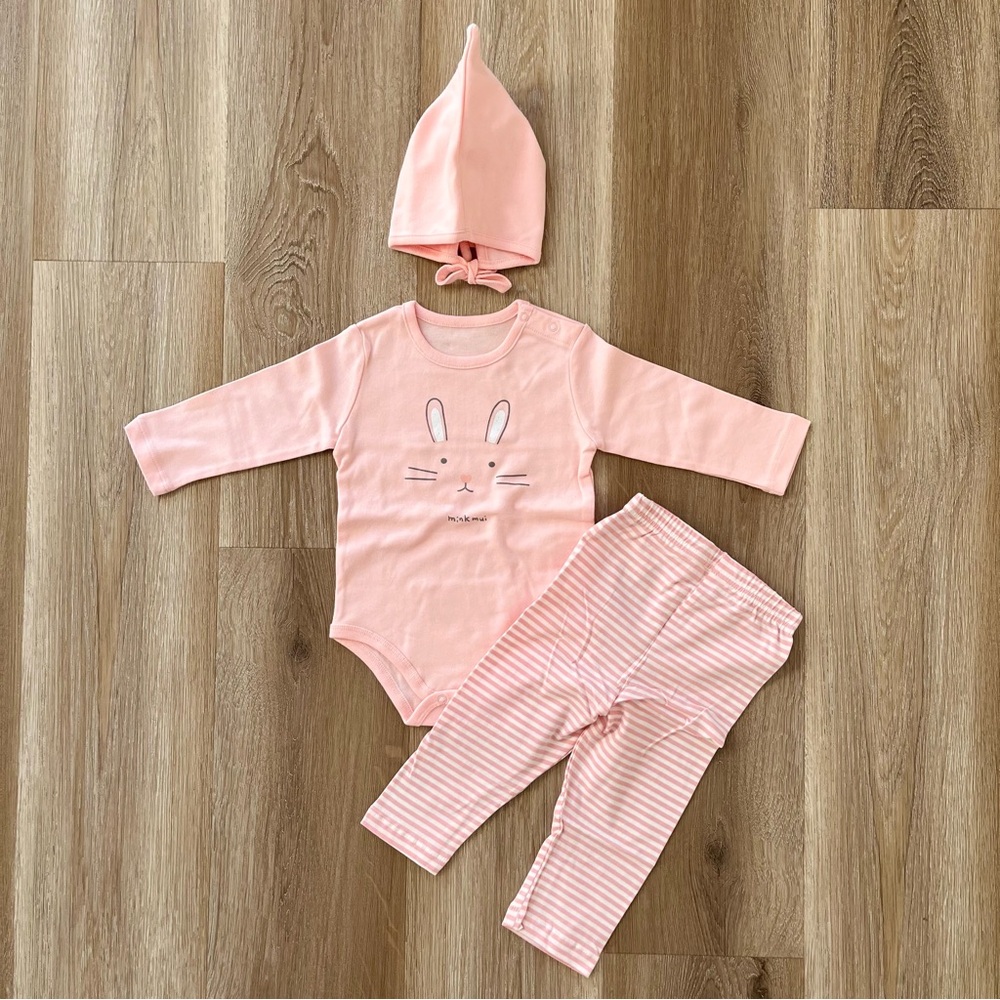 [NWOT] MINKMUI Cotton 100% Baby Bodysuit + Leggings + Hat Set for 6M-12M